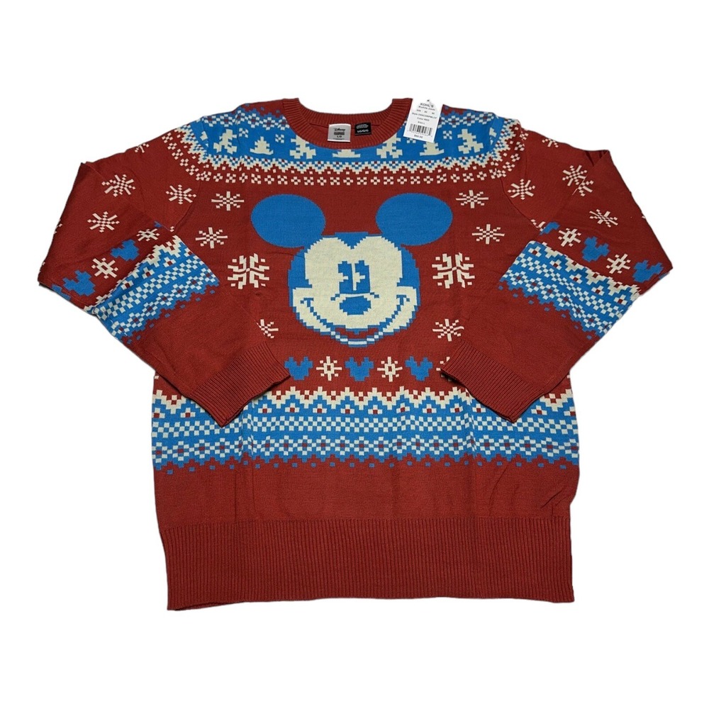 NWT Disney Mickey Mouse Christmas Sweater Red w/ Snowflakes Tree Men's Size L